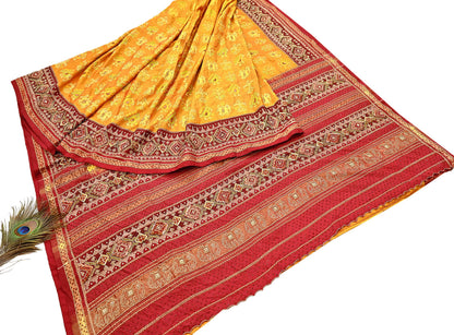 Indian Vintage Saffron & Red Pure Silk Saree Hand Embroidered Woven Ikat Patola Sari Fabric 5Yard Craft Ethnic Premium Saree Zari