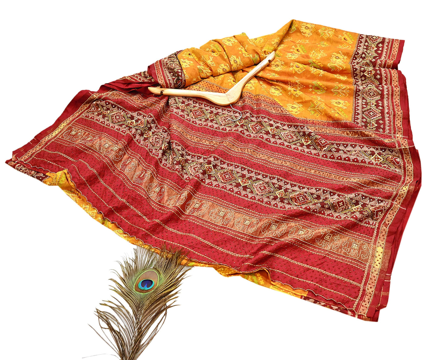 Indian Vintage Saffron & Red Pure Silk Saree Hand Embroidered Woven Ikat Patola Sari Fabric 5Yard Craft Ethnic Premium Saree Zari