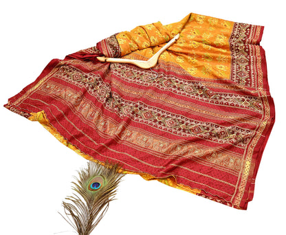 Indian Vintage Saffron & Red Pure Silk Saree Hand Embroidered Woven Ikat Patola Sari Fabric 5Yard Craft Ethnic Premium Saree Zari