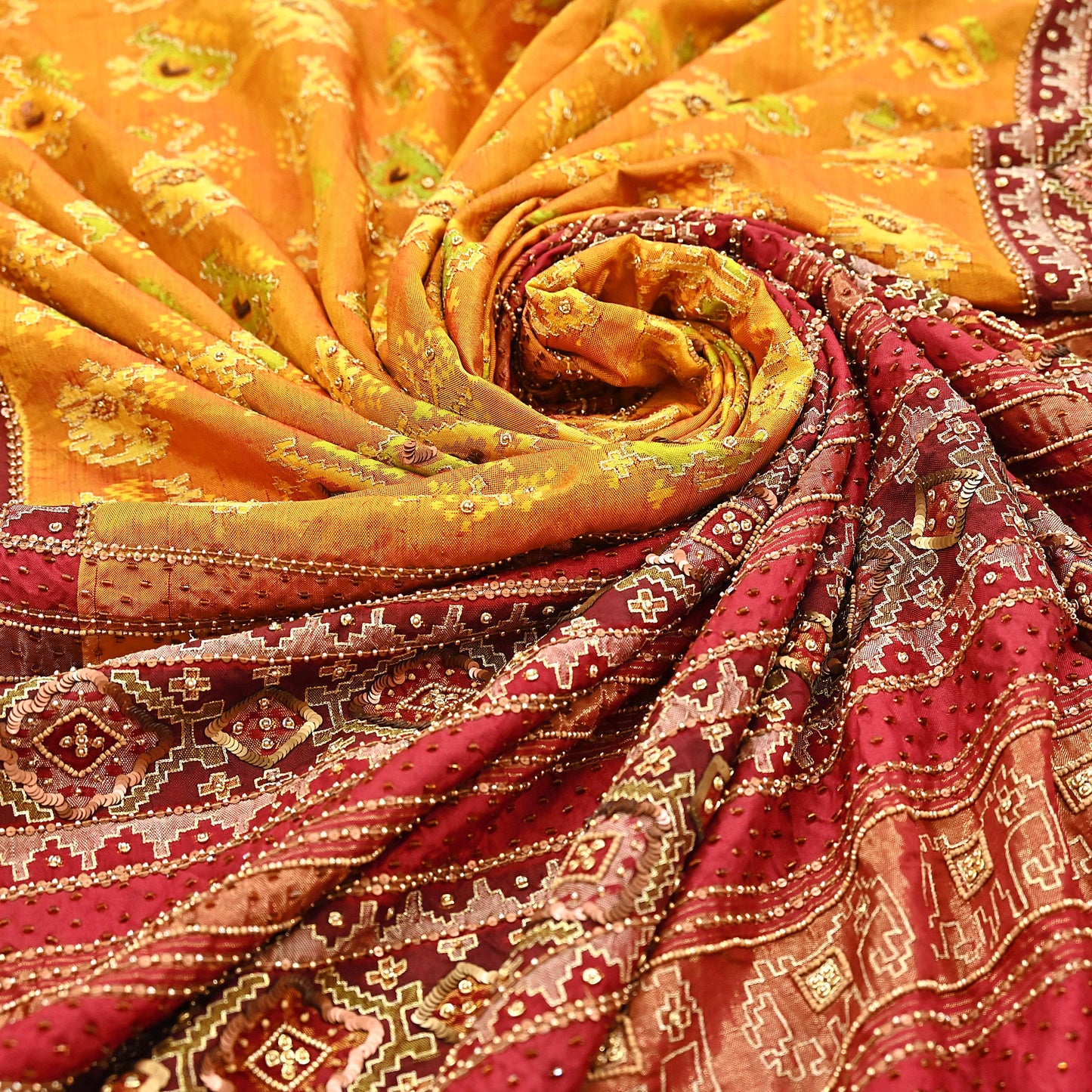 Indian Vintage Saffron & Red Pure Silk Saree Hand Embroidered Woven Ikat Patola Sari Fabric 5Yard Craft Ethnic Premium Saree Zari