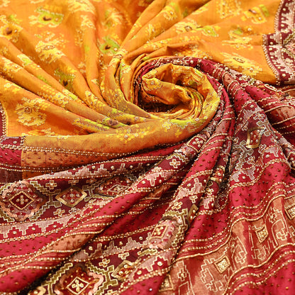Indian Vintage Saffron & Red Pure Silk Saree Hand Embroidered Woven Ikat Patola Sari Fabric 5Yard Craft Ethnic Premium Saree Zari