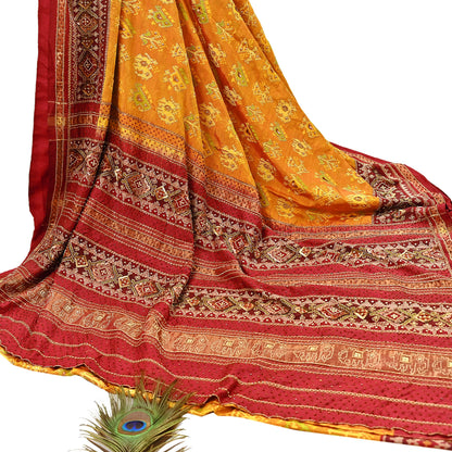 Indian Vintage Saffron & Red Pure Silk Saree Hand Embroidered Woven Ikat Patola Sari Fabric 5Yard Craft Ethnic Premium Saree Zari