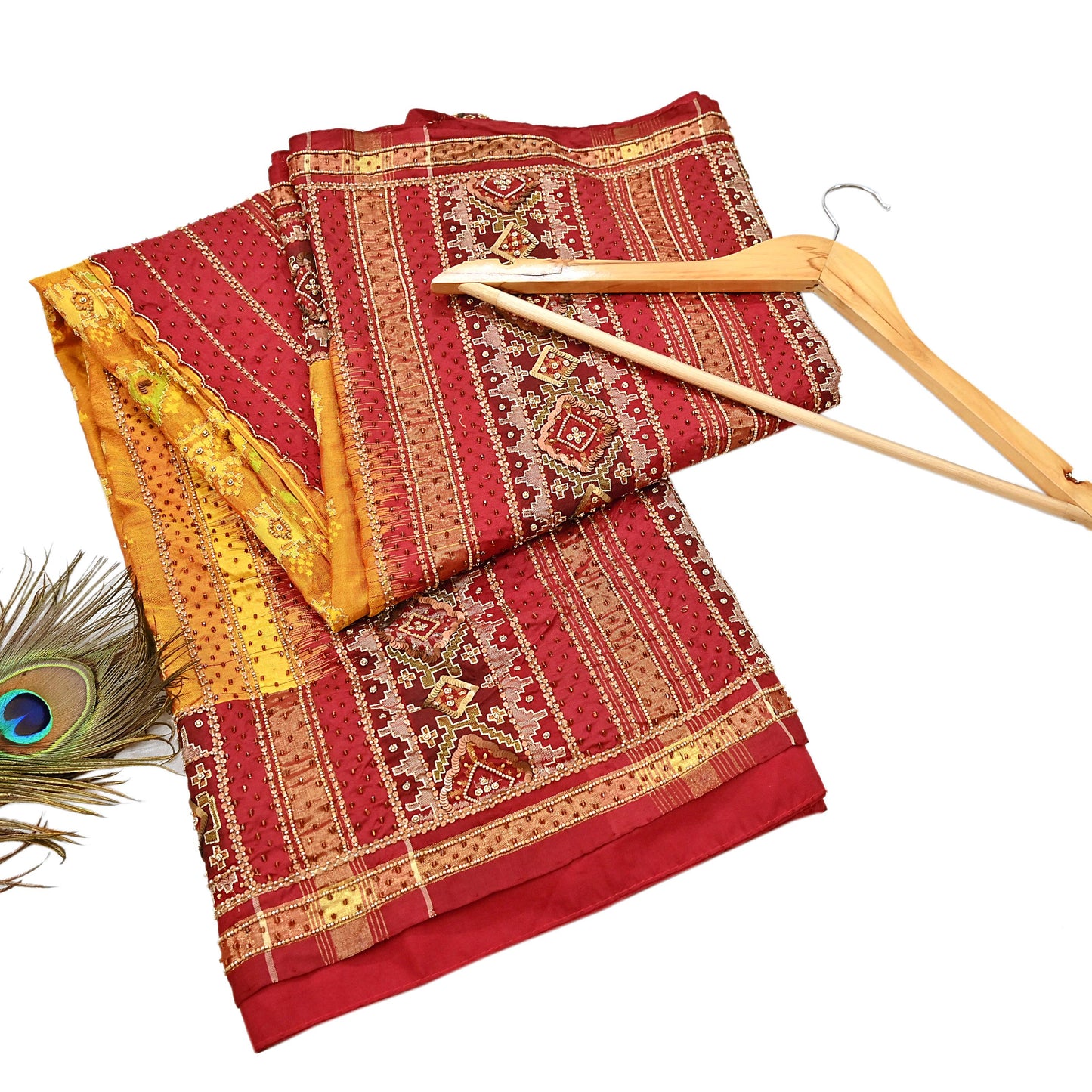 Indian Vintage Saffron & Red Pure Silk Saree Hand Embroidered Woven Ikat Patola Sari Fabric 5Yard Craft Ethnic Premium Saree Zari