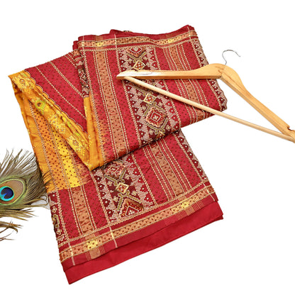 Indian Vintage Saffron & Red Pure Silk Saree Hand Embroidered Woven Ikat Patola Sari Fabric 5Yard Craft Ethnic Premium Saree Zari