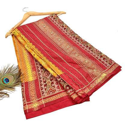 Indian Vintage Saffron & Red Pure Silk Saree Hand Embroidered Woven Ikat Patola Sari Fabric 5Yard Craft Ethnic Premium Saree Zari