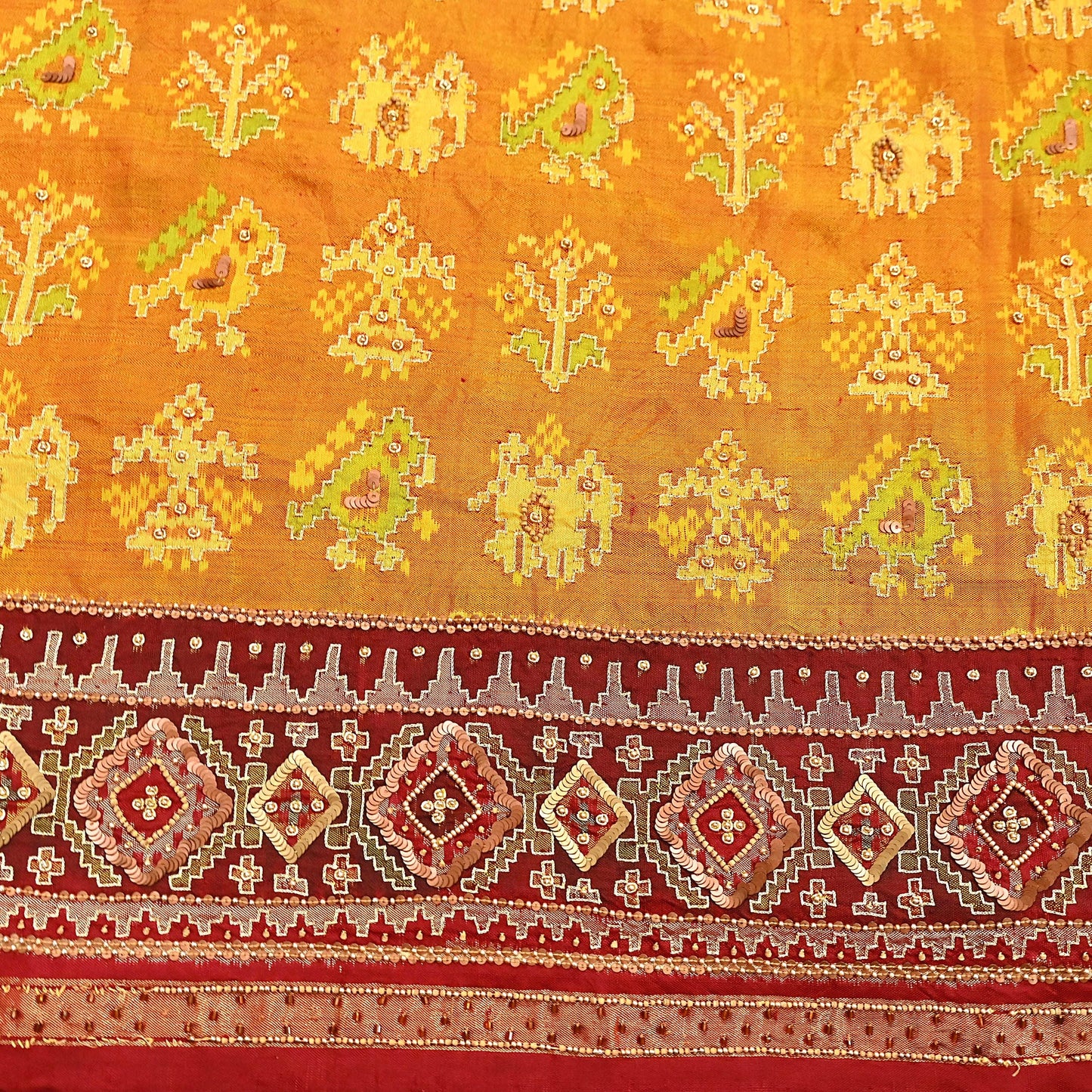 Indian Vintage Saffron & Red Pure Silk Saree Hand Embroidered Woven Ikat Patola Sari Fabric 5Yard Craft Ethnic Premium Saree Zari