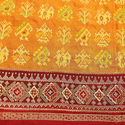 Indian Vintage Saffron & Red Pure Silk Saree Hand Embroidered Woven Ikat Patola Sari Fabric 5Yard Craft Ethnic Premium Saree Zari