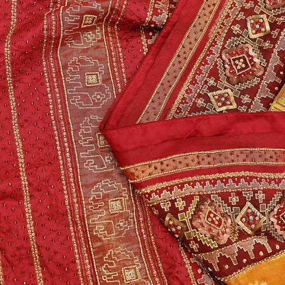Indian Vintage Saffron & Red Pure Silk Saree Hand Embroidered Woven Ikat Patola Sari Fabric 5Yard Craft Ethnic Premium Saree Zari