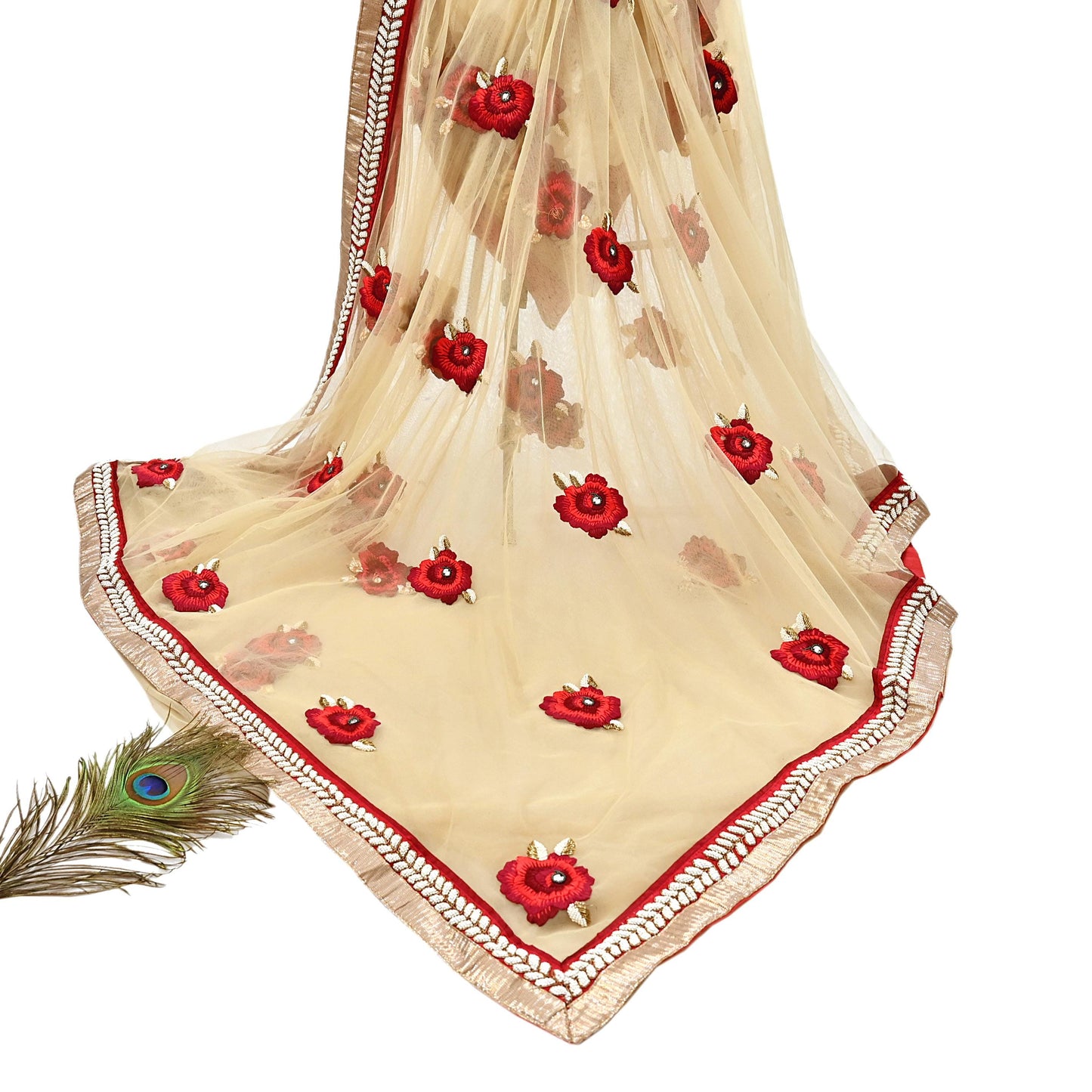 Indian Heavy Sari Beige Net/Mesh Hand Embroidered Sarees Designer Abu Jani 6Yd Sewing Ethnic Sequins Wedding/Party wear Saree