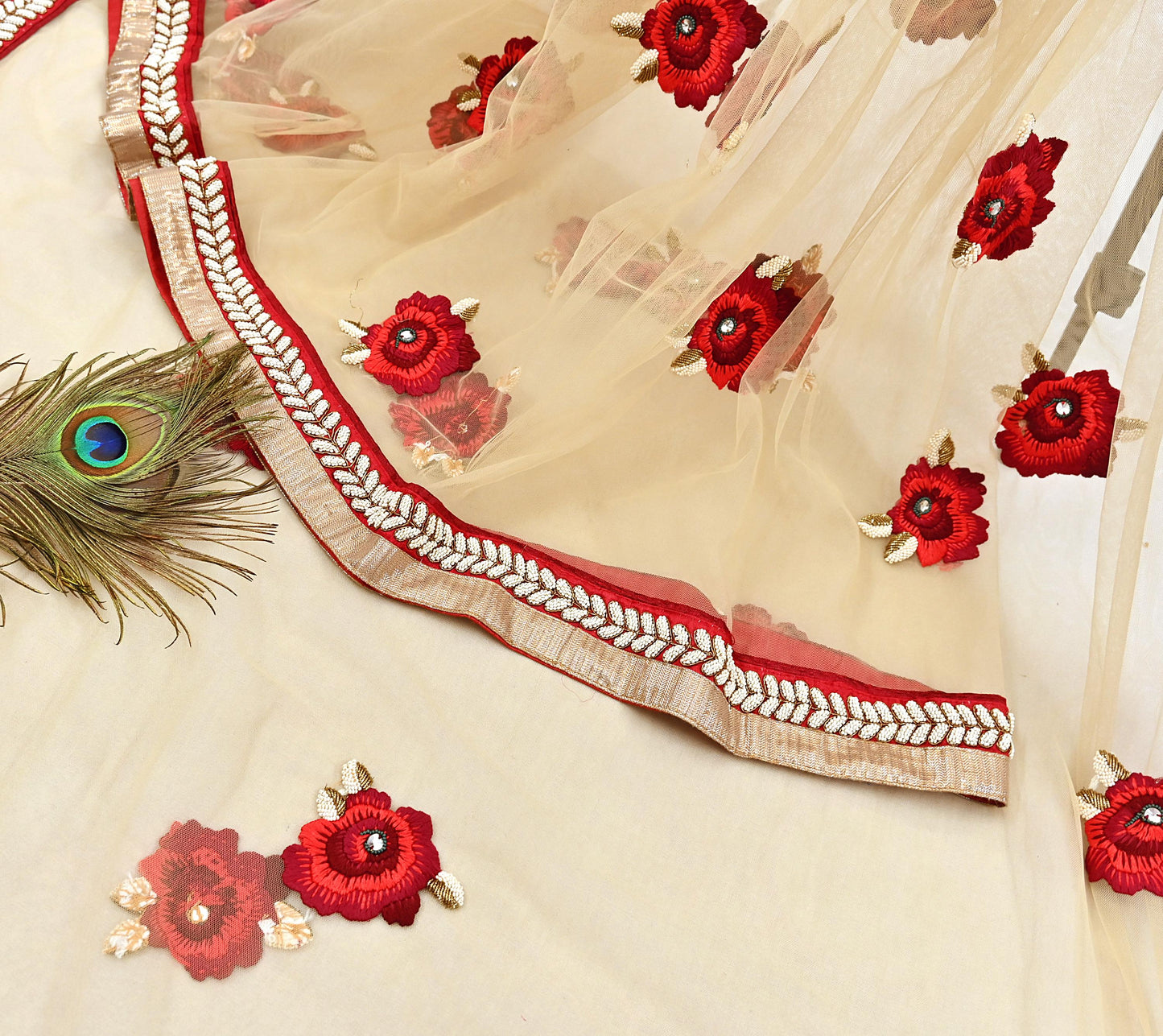 Indian Heavy Sari Beige Net/Mesh Hand Embroidered Sarees Designer Abu Jani 6Yd Sewing Ethnic Sequins Wedding/Party wear Saree