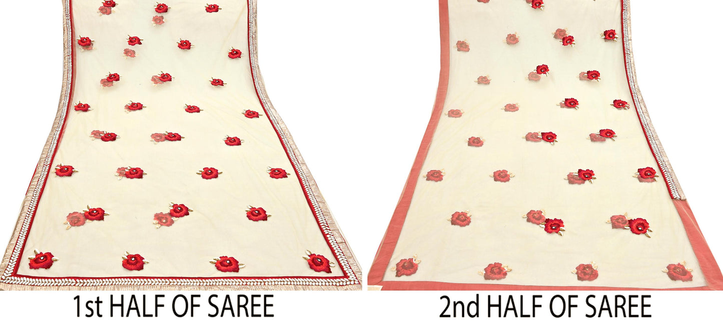 Indian Heavy Sari Beige Net/Mesh Hand Embroidered Sarees Designer Abu Jani 6Yd Sewing Ethnic Sequins Wedding/Party wear Saree