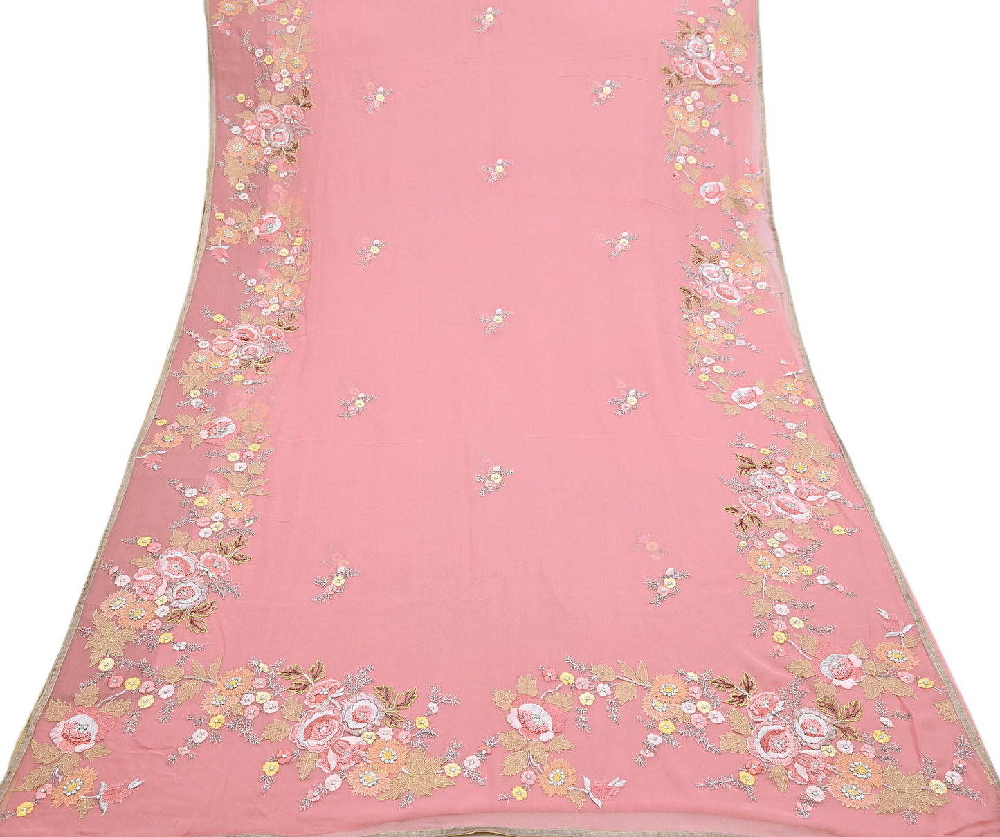 Indian Vintage Heavy Sari Peach Pure Georgette Silk Hand Embroidered Parsi Chain Stitched Sarees Craft Fabric 5Yd Dress making