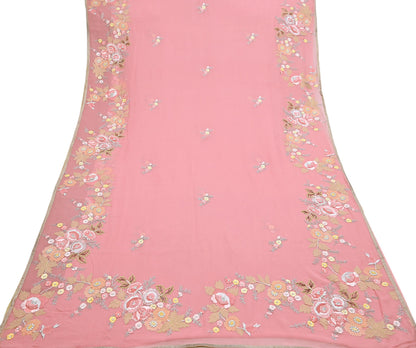 Indian Vintage Heavy Sari Peach Pure Georgette Silk Hand Embroidered Parsi Chain Stitched Sarees Craft Fabric 5Yd Dress making