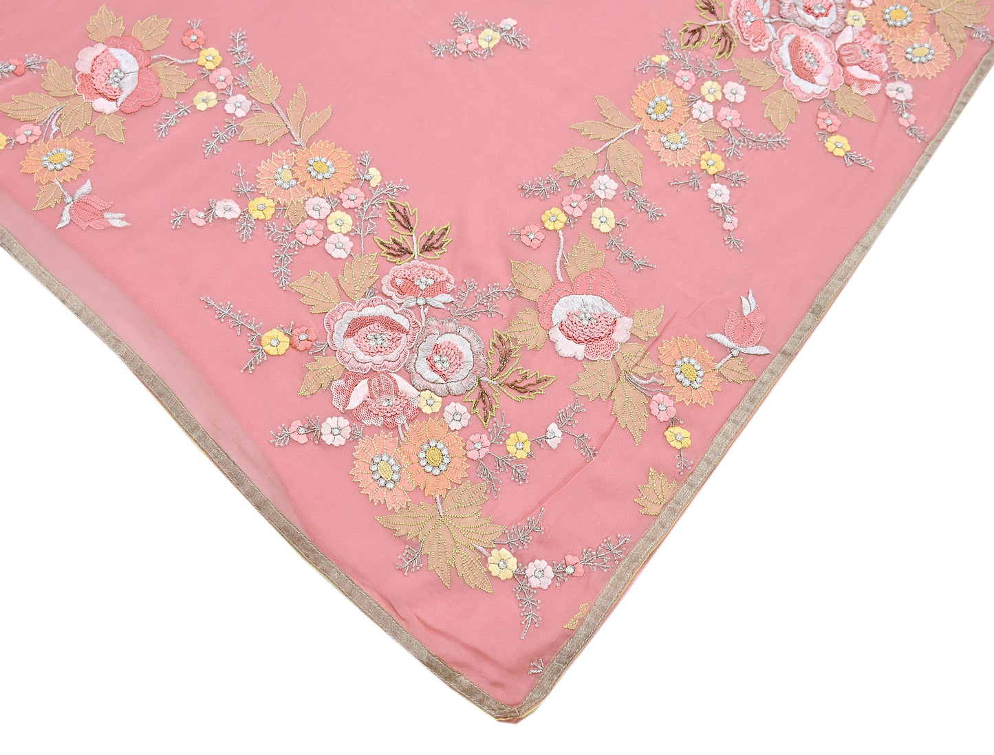 Indian Vintage Heavy Sari Peach Pure Georgette Silk Hand Embroidered Parsi Chain Stitched Sarees Craft Fabric 5Yd Dress making
