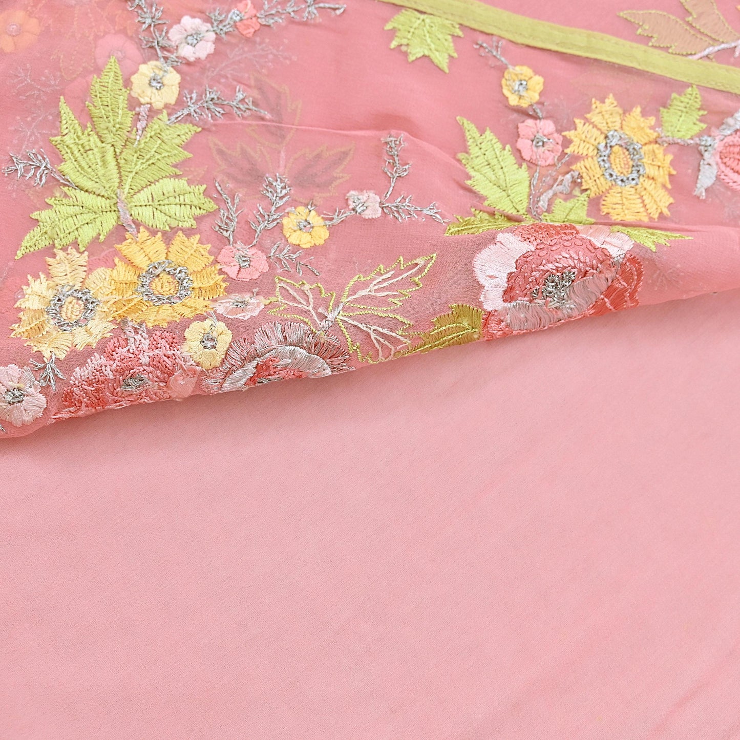 Indian Vintage Heavy Sari Peach Pure Georgette Silk Hand Embroidered Parsi Chain Stitched Sarees Craft Fabric 5Yd Dress making