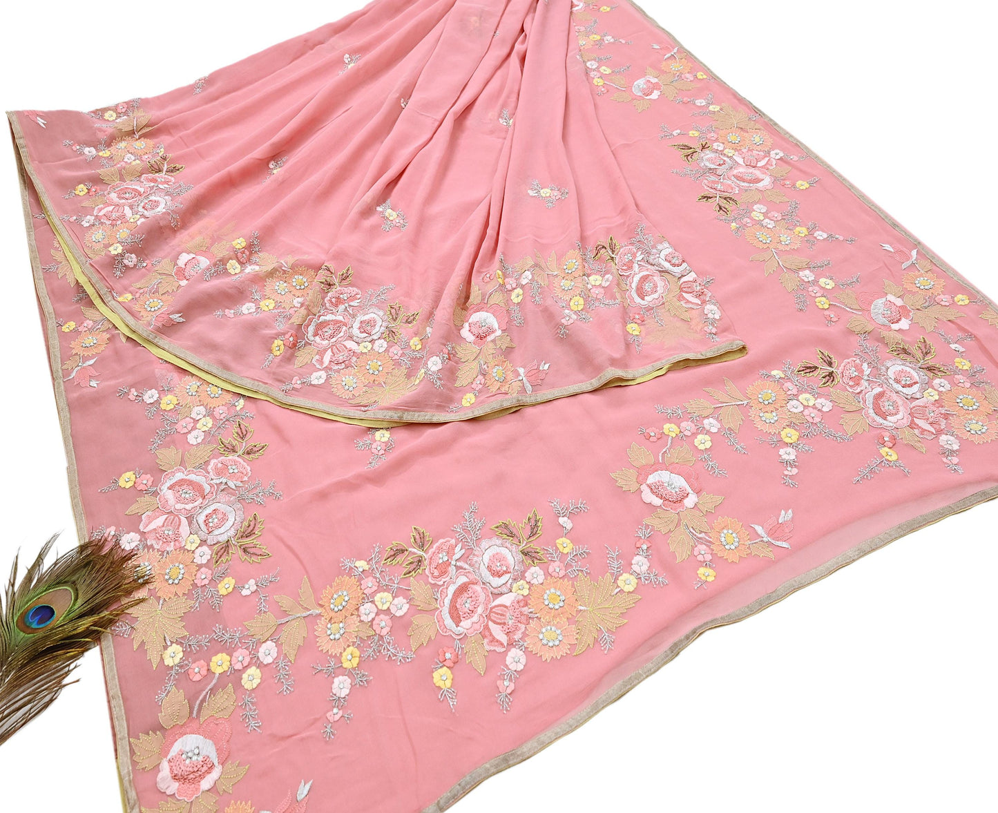 Indian Vintage Heavy Sari Peach Pure Georgette Silk Hand Embroidered Parsi Chain Stitched Sarees Craft Fabric 5Yd Dress making