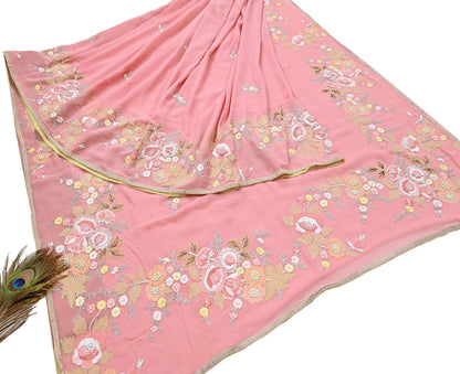 Indian Vintage Heavy Sari Peach Pure Georgette Silk Hand Embroidered Parsi Chain Stitched Sarees Craft Fabric 5Yd Dress making
