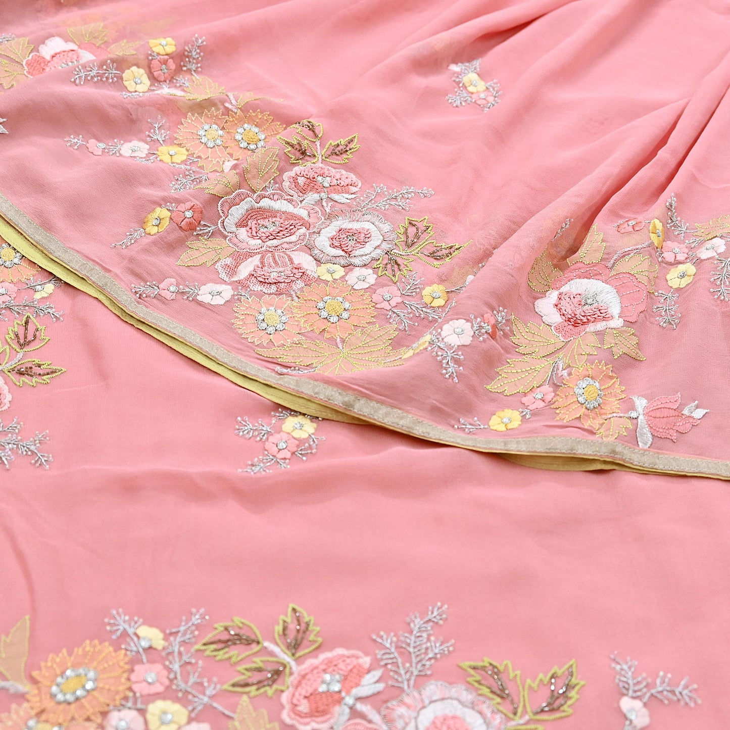 Indian Vintage Heavy Sari Peach Pure Georgette Silk Hand Embroidered Parsi Chain Stitched Sarees Craft Fabric 5Yd Dress making