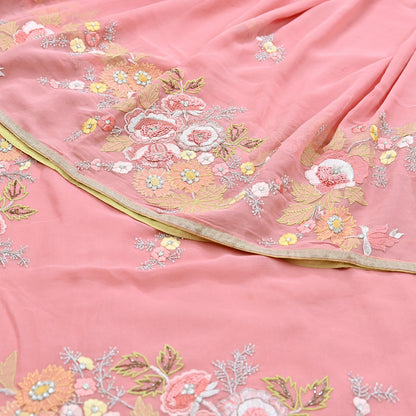 Indian Vintage Heavy Sari Peach Pure Georgette Silk Hand Embroidered Parsi Chain Stitched Sarees Craft Fabric 5Yd Dress making