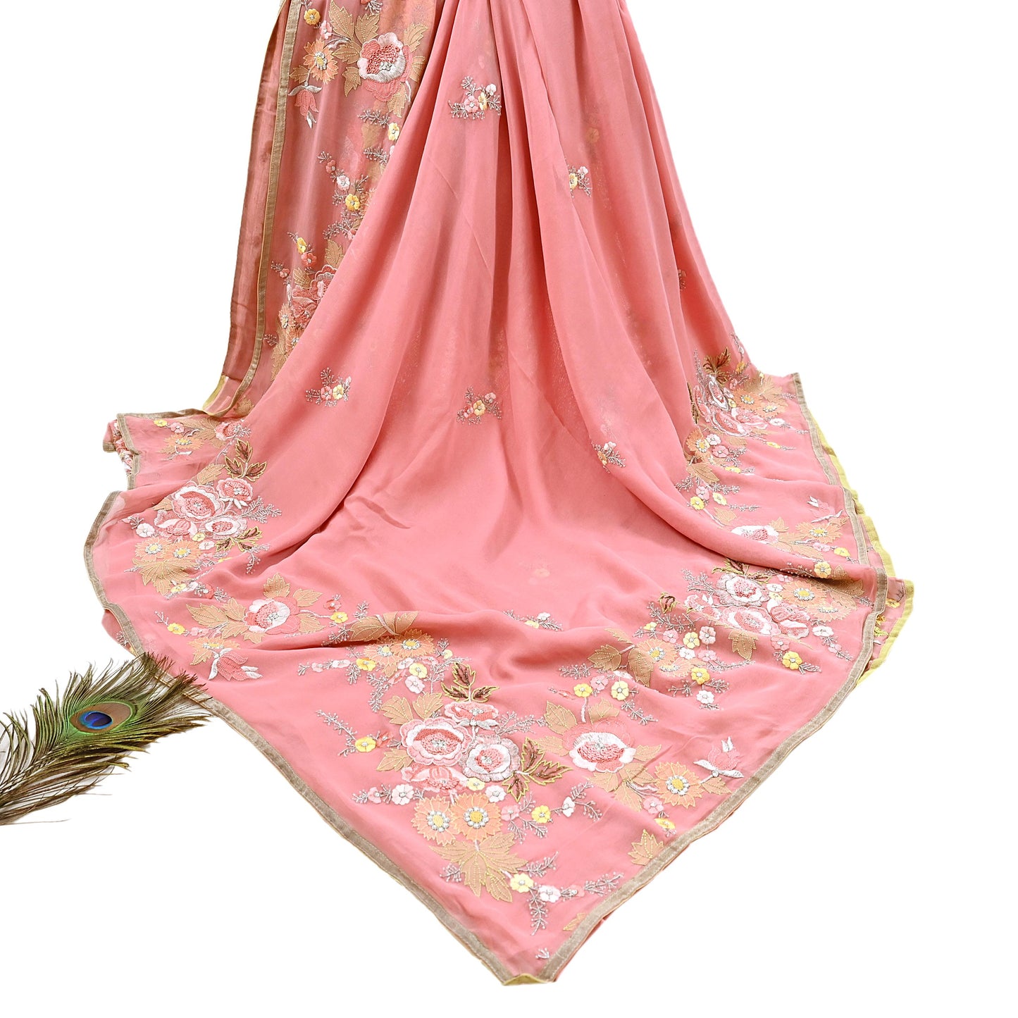 Indian Vintage Heavy Sari Peach Pure Georgette Silk Hand Embroidered Parsi Chain Stitched Sarees Craft Fabric 5Yd Dress making