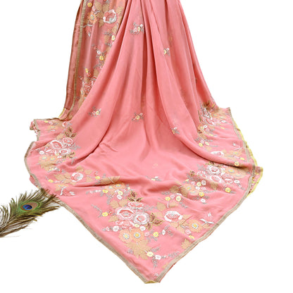 Indian Vintage Heavy Sari Peach Pure Georgette Silk Hand Embroidered Parsi Chain Stitched Sarees Craft Fabric 5Yd Dress making