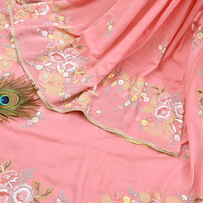 Indian Vintage Heavy Sari Peach Pure Georgette Silk Hand Embroidered Parsi Chain Stitched Sarees Craft Fabric 5Yd Dress making