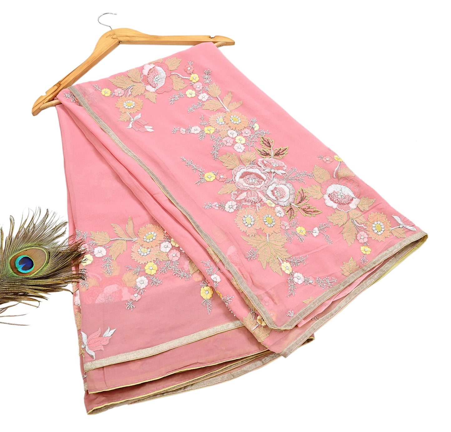 Indian Vintage Heavy Sari Peach Pure Georgette Silk Hand Embroidered Parsi Chain Stitched Sarees Craft Fabric 5Yd Dress making
