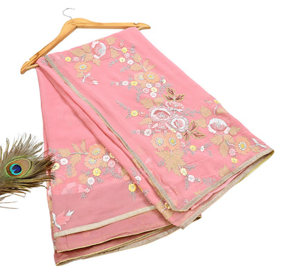 Indian Vintage Heavy Sari Peach Pure Georgette Silk Hand Embroidered Parsi Chain Stitched Sarees Craft Fabric 5Yd Dress making