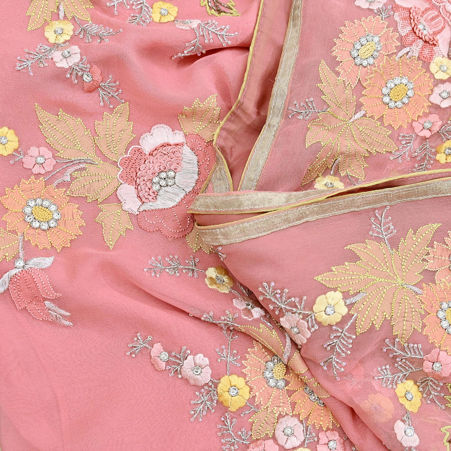 Indian Vintage Heavy Sari Peach Pure Georgette Silk Hand Embroidered Parsi Chain Stitched Sarees Craft Fabric 5Yd Dress making
