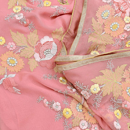 Indian Vintage Heavy Sari Peach Pure Georgette Silk Hand Embroidered Parsi Chain Stitched Sarees Craft Fabric 5Yd Dress making