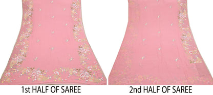 Indian Vintage Heavy Sari Peach Pure Georgette Silk Hand Embroidered Parsi Chain Stitched Sarees Craft Fabric 5Yd Dress making