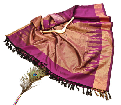 Indian Vintage Heavy Saree Purple Kanchipuram 100% Pure Silk Sari 5Yd Floral Crafting Dress making Ethnic temple Zari Border