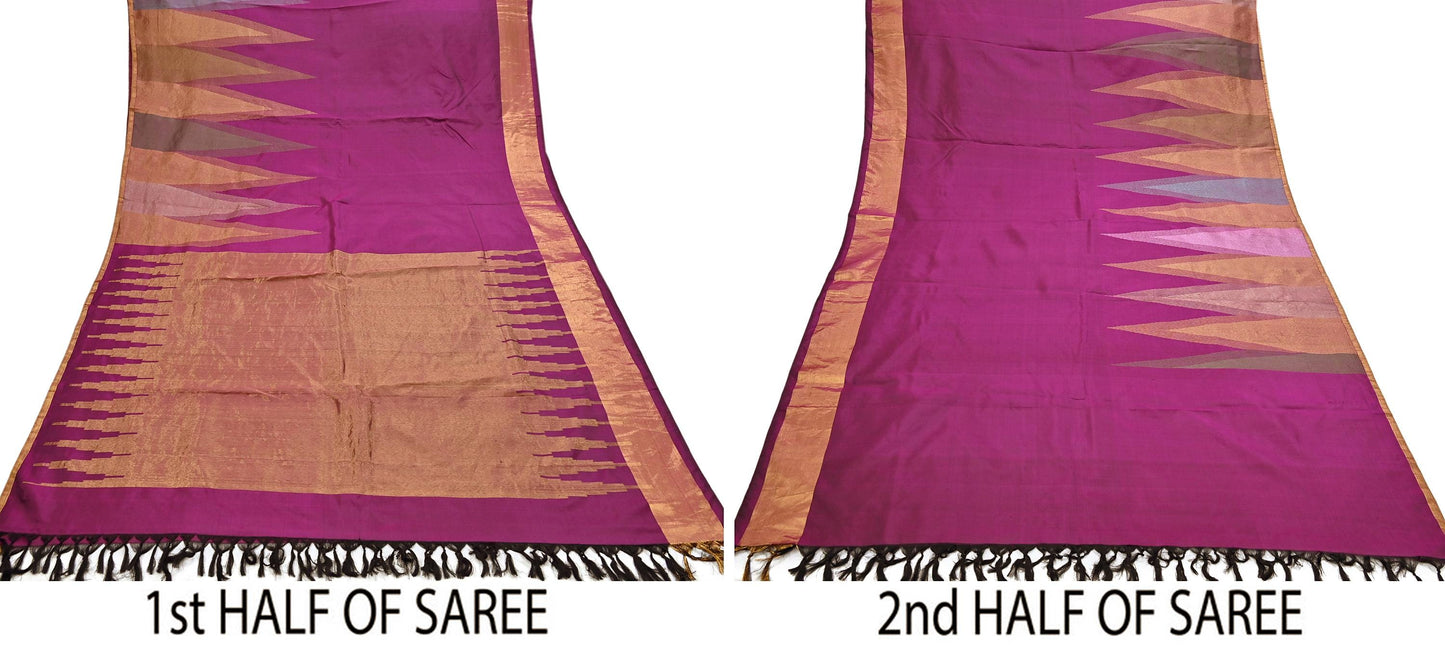 Indian Vintage Heavy Saree Purple Kanchipuram 100% Pure Silk Sari 5Yd Floral Crafting Dress making Ethnic temple Zari Border