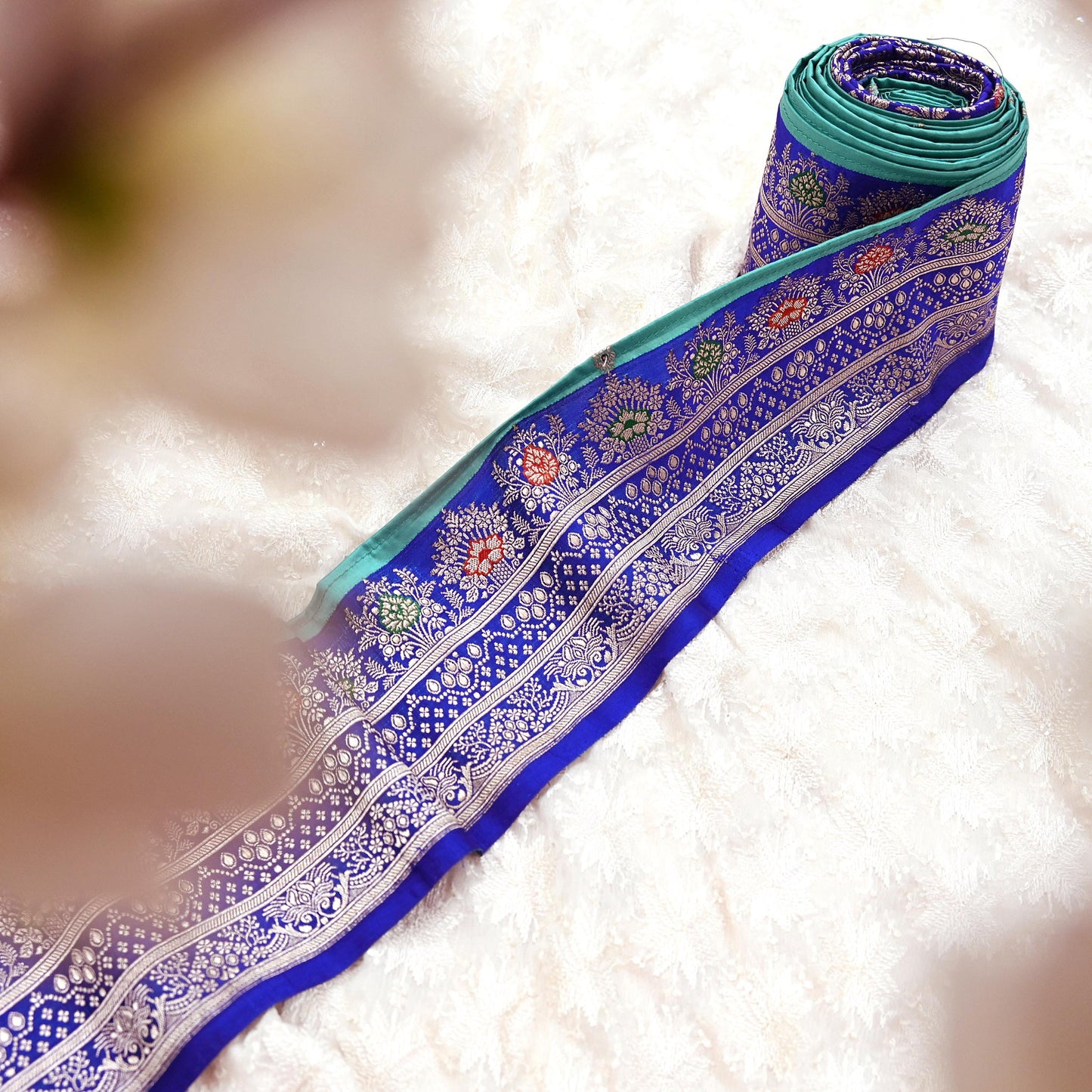 Vintage Banarasi Silk Border Trim 1 Yard Royal Blue Green Zari Ribbon Recycled Saree Fabric Lace for Sewing, Dressmaking & Christmas Crafts
