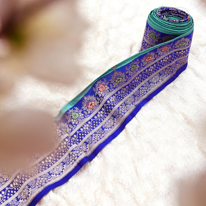 Vintage Banarasi Silk Border Trim 1 Yard Royal Blue Green Zari Ribbon Recycled Saree Fabric Lace for Sewing, Dressmaking & Christmas Crafts