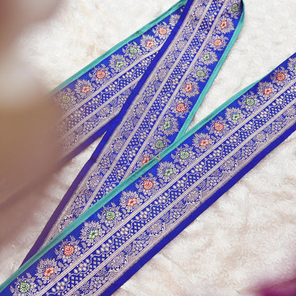 Vintage Banarasi Silk Border Trim 1 Yard Royal Blue Green Zari Ribbon Recycled Saree Fabric Lace for Sewing, Dressmaking & Christmas Crafts