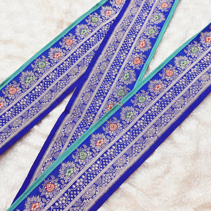 Vintage Banarasi Silk Border Trim 1 Yard Royal Blue Green Zari Ribbon Recycled Saree Fabric Lace for Sewing, Dressmaking & Christmas Crafts