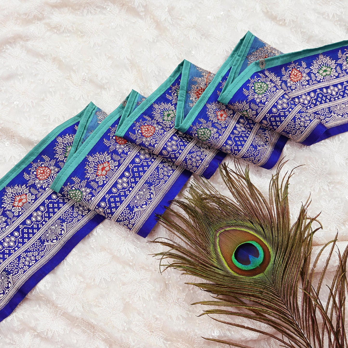 Vintage Banarasi Silk Border Trim 1 Yard Royal Blue Green Zari Ribbon Recycled Saree Fabric Lace for Sewing, Dressmaking & Christmas Crafts