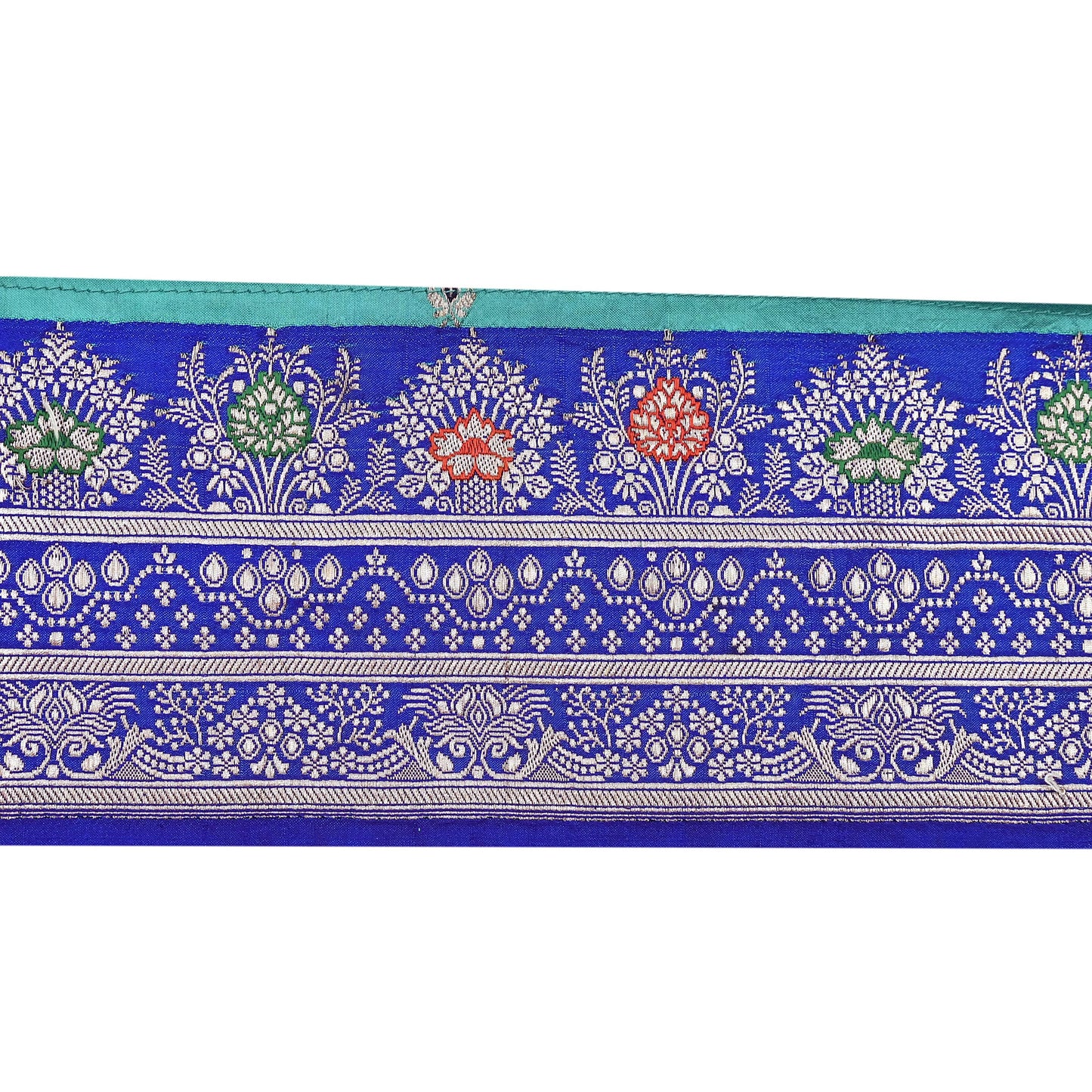 Vintage Banarasi Silk Border Trim 1 Yard Royal Blue Green Zari Ribbon Recycled Saree Fabric Lace for Sewing, Dressmaking & Christmas Crafts