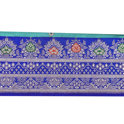 Vintage Banarasi Silk Border Trim 1 Yard Royal Blue Green Zari Ribbon Recycled Saree Fabric Lace for Sewing, Dressmaking & Christmas Crafts