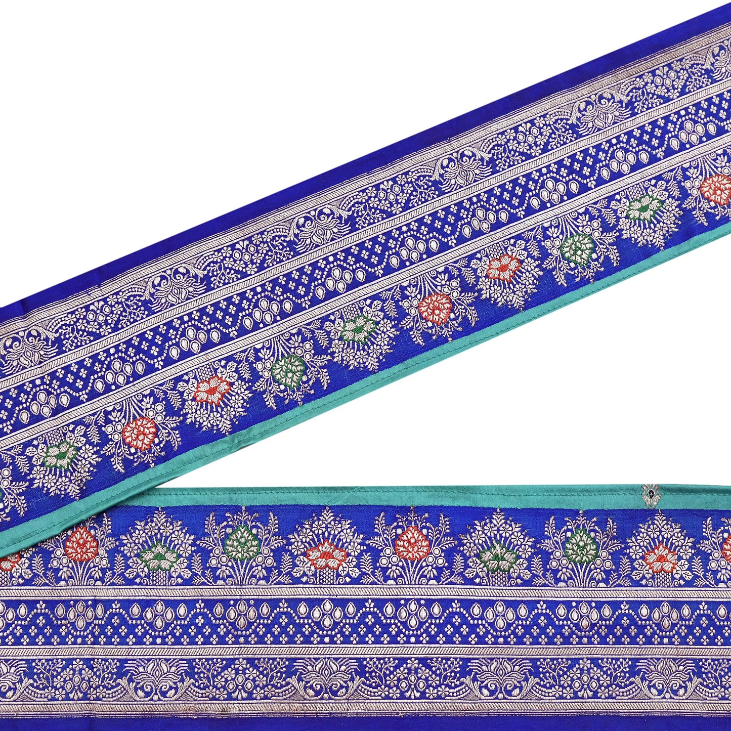 Vintage Banarasi Silk Border Trim 1 Yard Royal Blue Green Zari Ribbon Recycled Saree Fabric Lace for Sewing, Dressmaking & Christmas Crafts