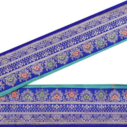 Vintage Banarasi Silk Border Trim 1 Yard Royal Blue Green Zari Ribbon Recycled Saree Fabric Lace for Sewing, Dressmaking & Christmas Crafts