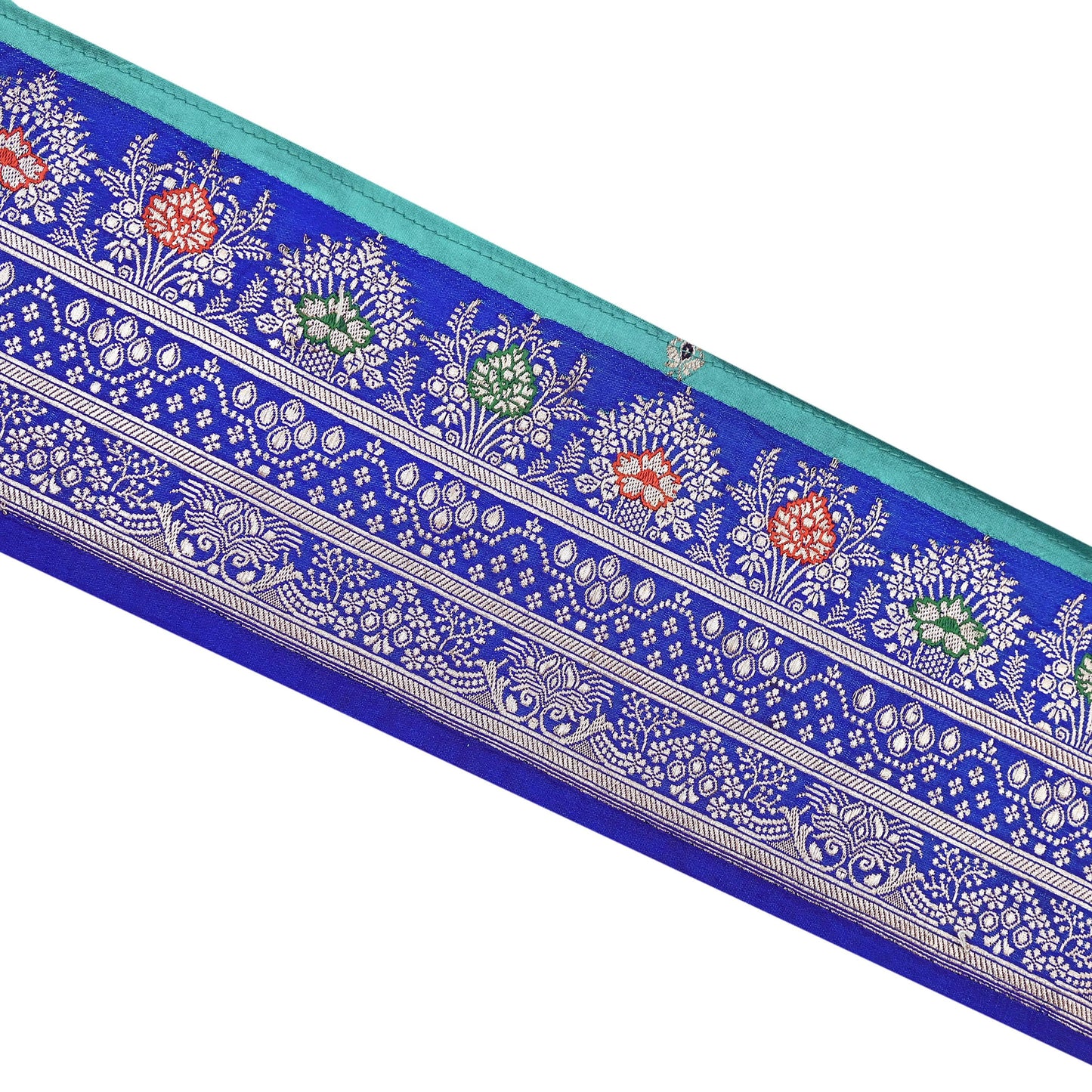 Vintage Banarasi Silk Border Trim 1 Yard Royal Blue Green Zari Ribbon Recycled Saree Fabric Lace for Sewing, Dressmaking & Christmas Crafts