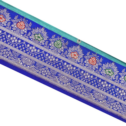 Vintage Banarasi Silk Border Trim 1 Yard Royal Blue Green Zari Ribbon Recycled Saree Fabric Lace for Sewing, Dressmaking & Christmas Crafts