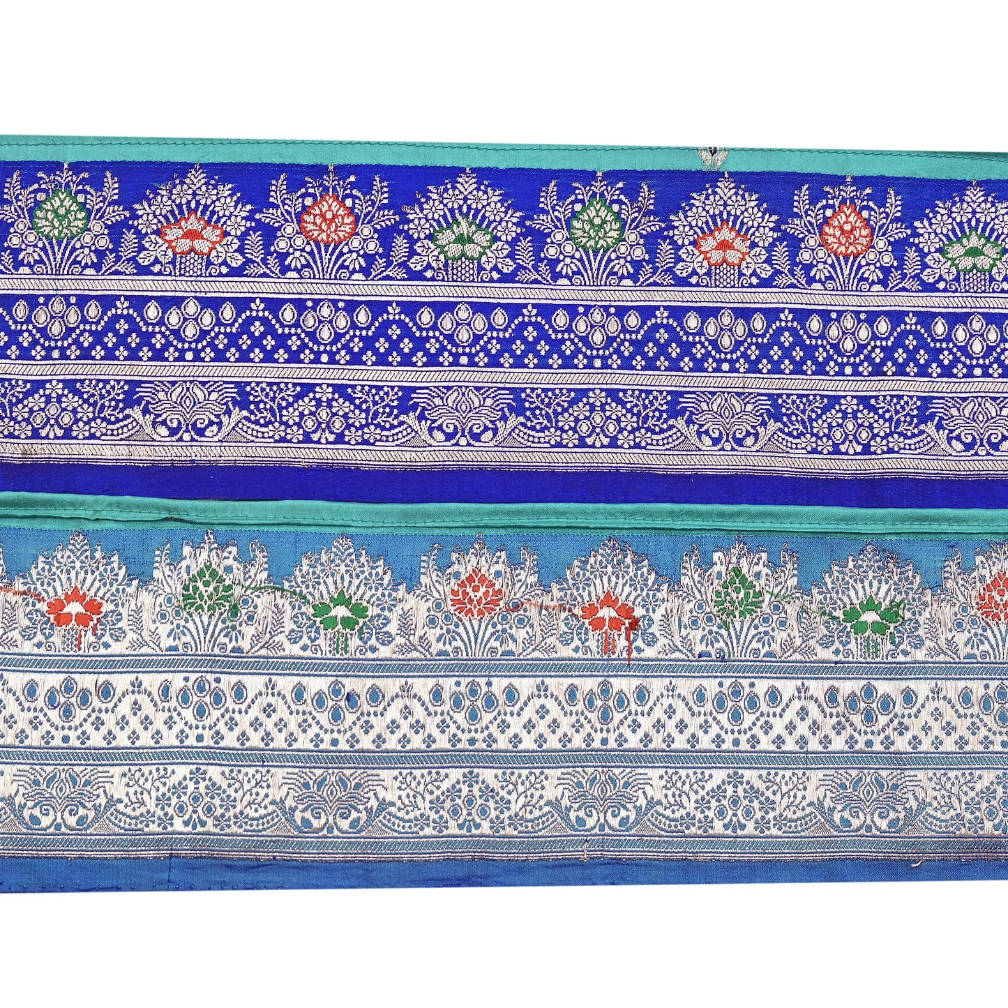 Vintage Banarasi Silk Border Trim 1 Yard Royal Blue Green Zari Ribbon Recycled Saree Fabric Lace for Sewing, Dressmaking & Christmas Crafts