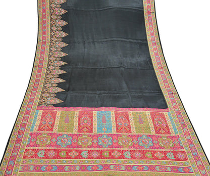 Indian Antique Vintage Heavy Wedding Sari Black Blend Satin Silk Hand Woven Banarasi brocade Sarees Zari 5Yd with blouse