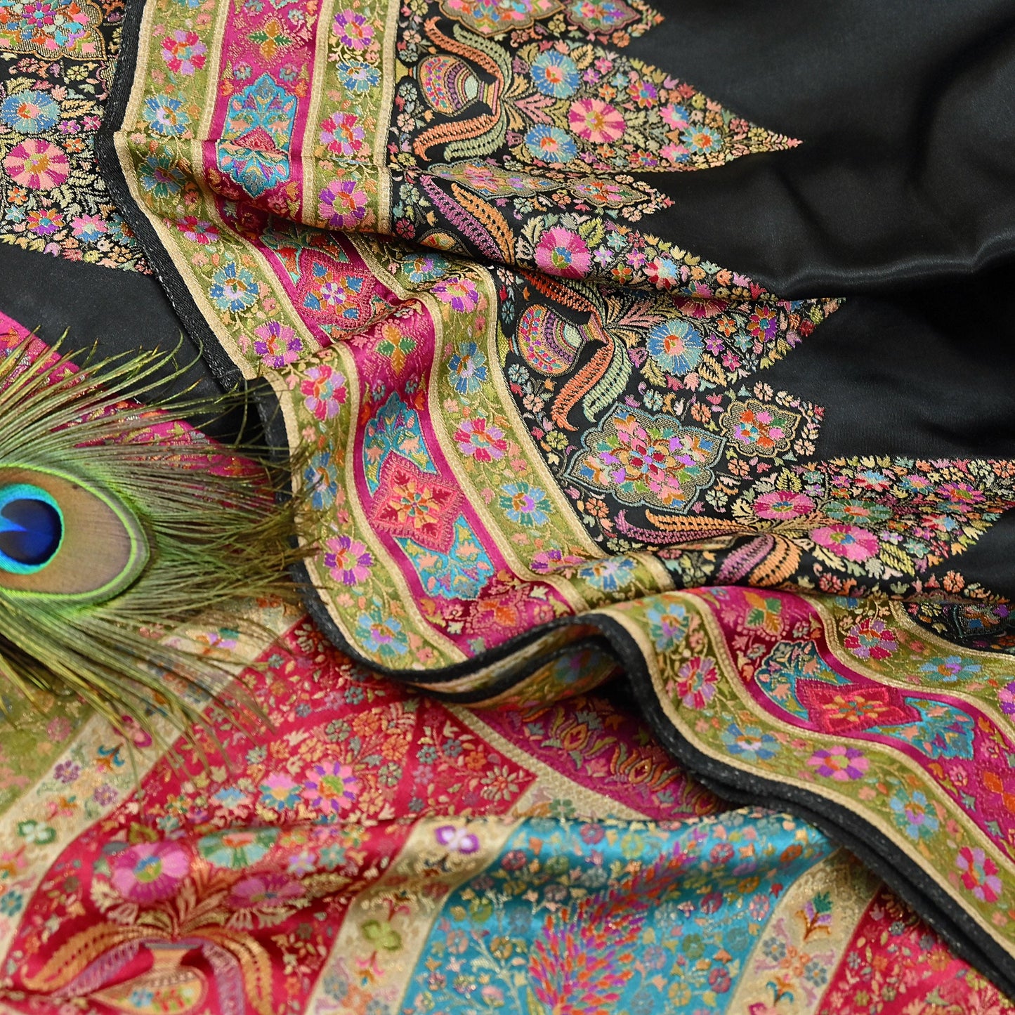 Indian Antique Vintage Heavy Wedding Sari Black Blend Satin Silk Hand Woven Banarasi brocade Sarees Zari 5Yd with blouse