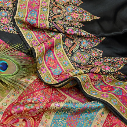 Indian Antique Vintage Heavy Wedding Sari Black Blend Satin Silk Hand Woven Banarasi brocade Sarees Zari 5Yd with blouse