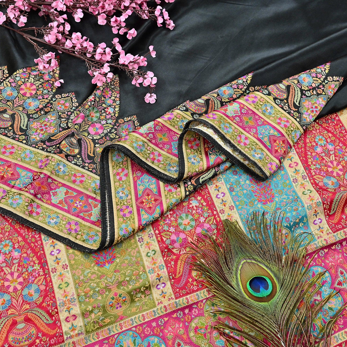 Indian Antique Vintage Heavy Wedding Sari Black Blend Satin Silk Hand Woven Banarasi brocade Sarees Zari 5Yd with blouse