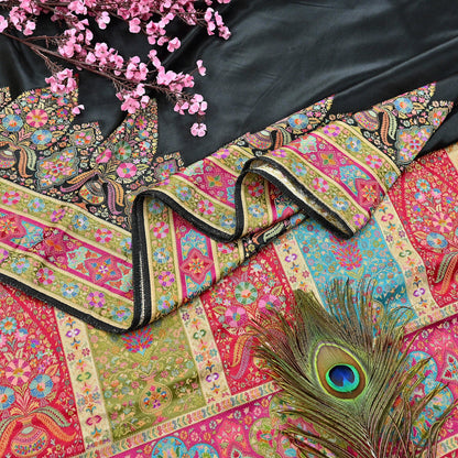 Indian Antique Vintage Heavy Wedding Sari Black Blend Satin Silk Hand Woven Banarasi brocade Sarees Zari 5Yd with blouse